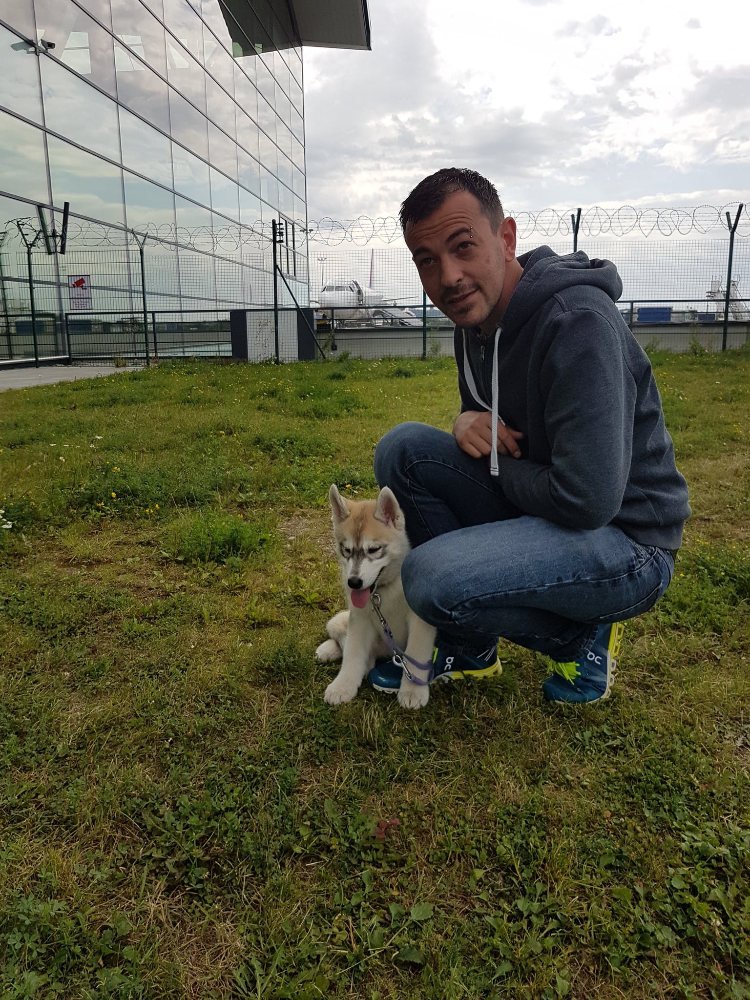 Kona und Andreas: Mann hockt auf einer Wiese neben einem Siberian-Husky-Welpen vor einem Glasgebäude