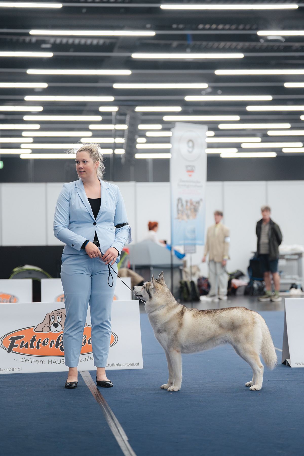 Siberian Husky steht mit der Hundeführerin im Ausstellungsring einer Messehalle